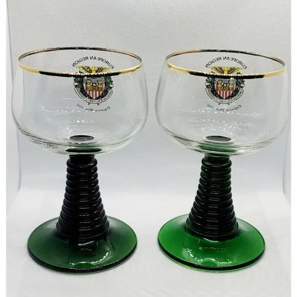 Vtg 2 Wine Glass Goblet Gold Trim Green Swirl Stem Engineers Oberammerg Germany - Picture 4 of 7